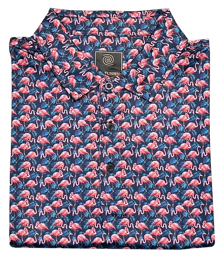 FX Fusion 'Flamingo Love' Printed Short Sleeve Golf Polo Shirt