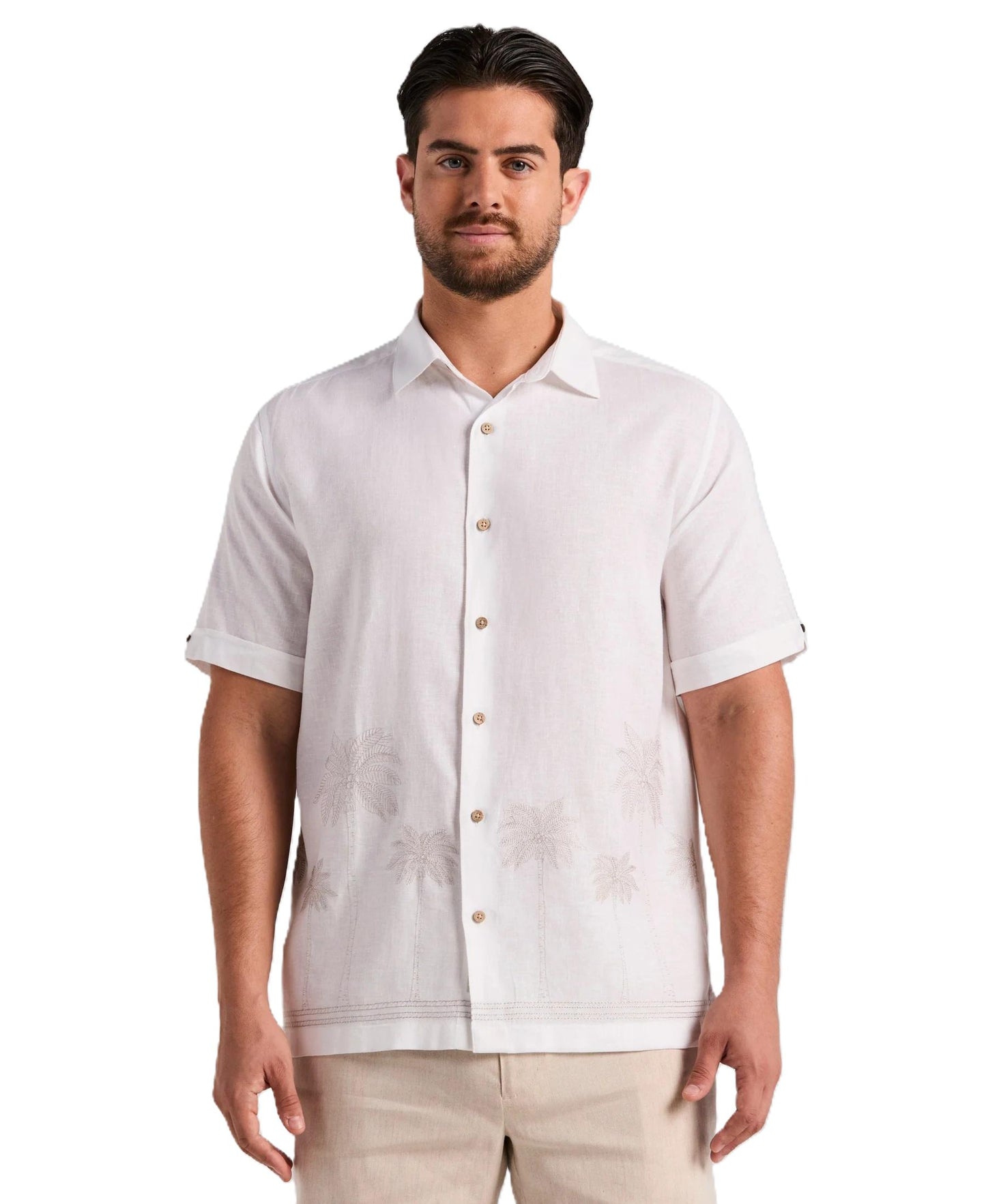 Cubavera Linen Blend Border Palm Embroidered Short Sleeve Shirt