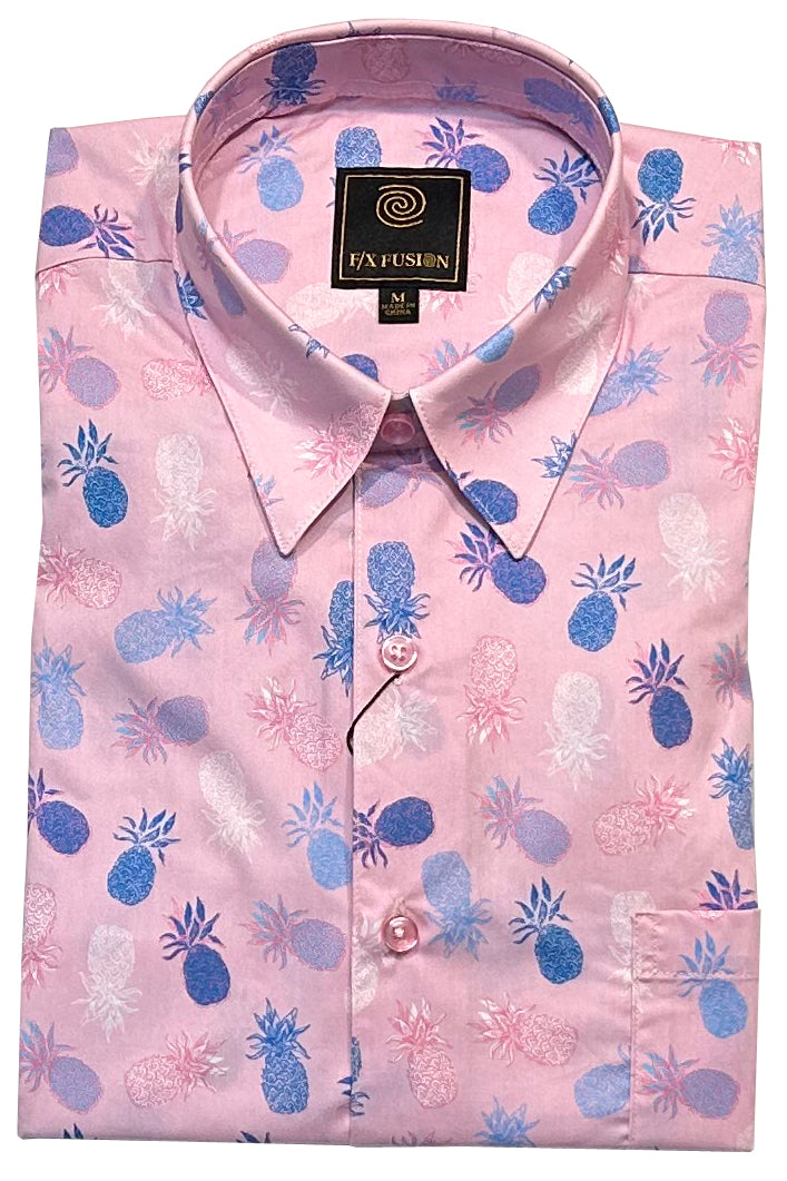 FX Fusion Short Sleeve 'Dancing Pineapple' Print Poplin Sateen Sport Shirt