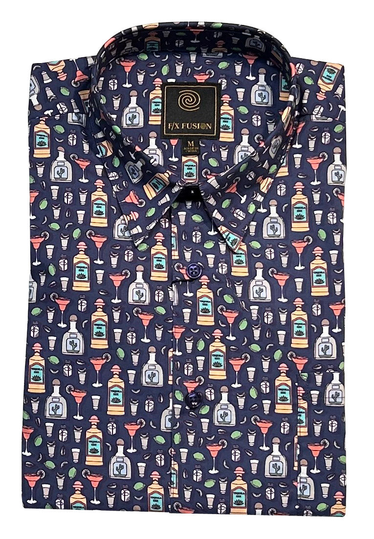 FX Fusion Short Sleeve 'Tequila Evening' Print Poplin Sateen Sport Shirt