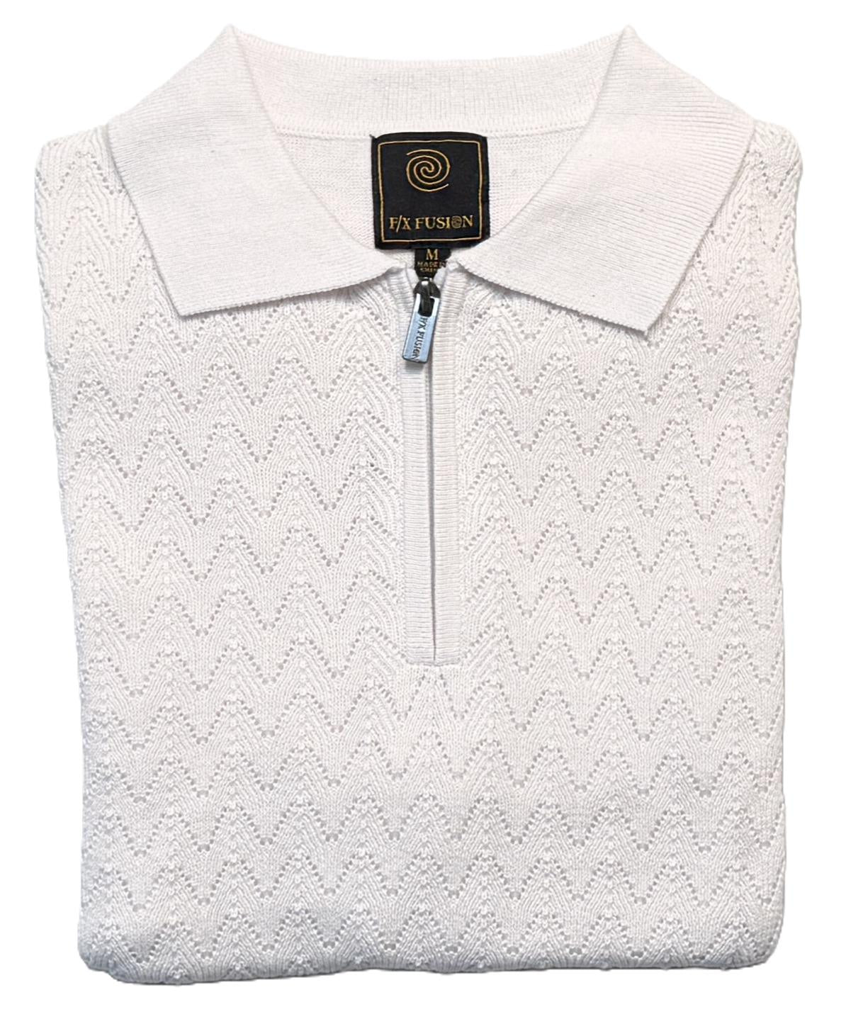 FX Fusion Short Sleeve Textured Chevron 1/4 Zip Polo Collar Sweater