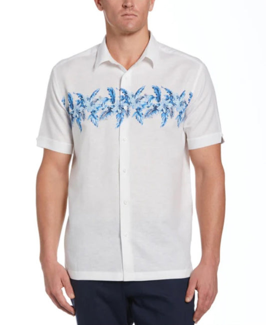 Cubavera Linen Blend Tropical Chest Print Short Sleeve Shirt