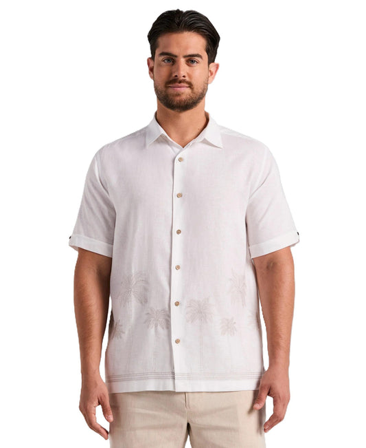 Cubavera Linen Blend Border Palm Embroidered Short Sleeve Shirt