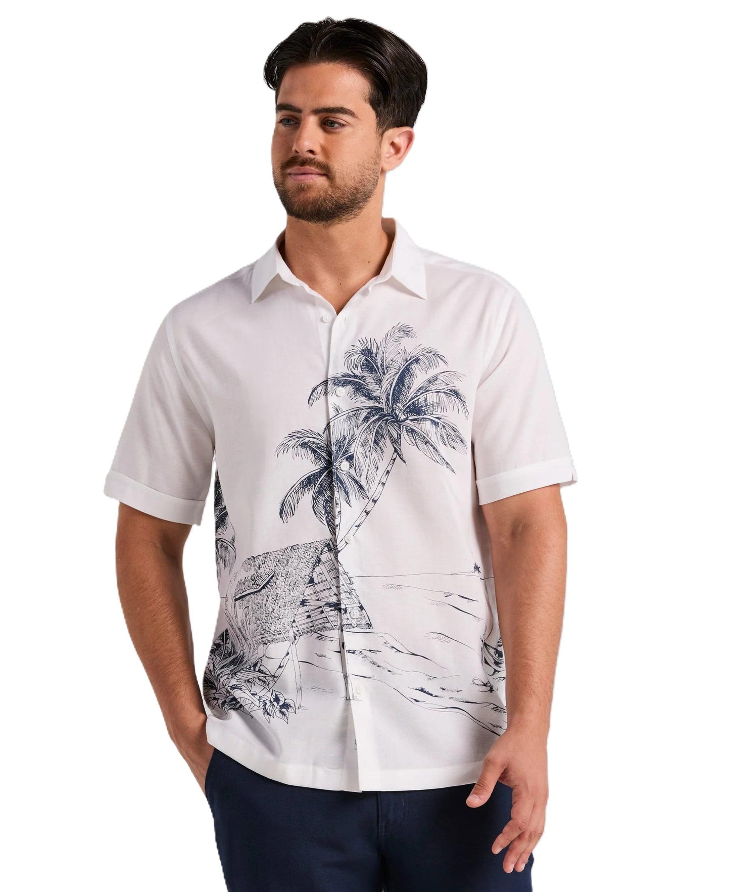 Cubavera Linen Blend Island Scenic Print Short Sleeve Shirt