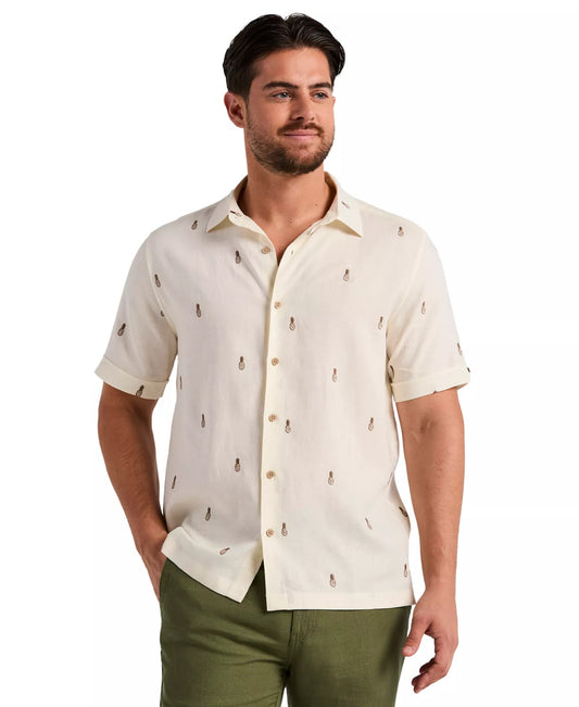 Cubavera Linen Blend Pineapple Embroidered Short Sleeve Shirt