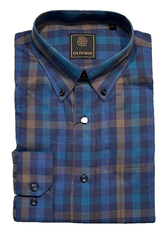 FX Fusion Long Sleeve Royal/Teal/Tan Twill Check Sport Shirt