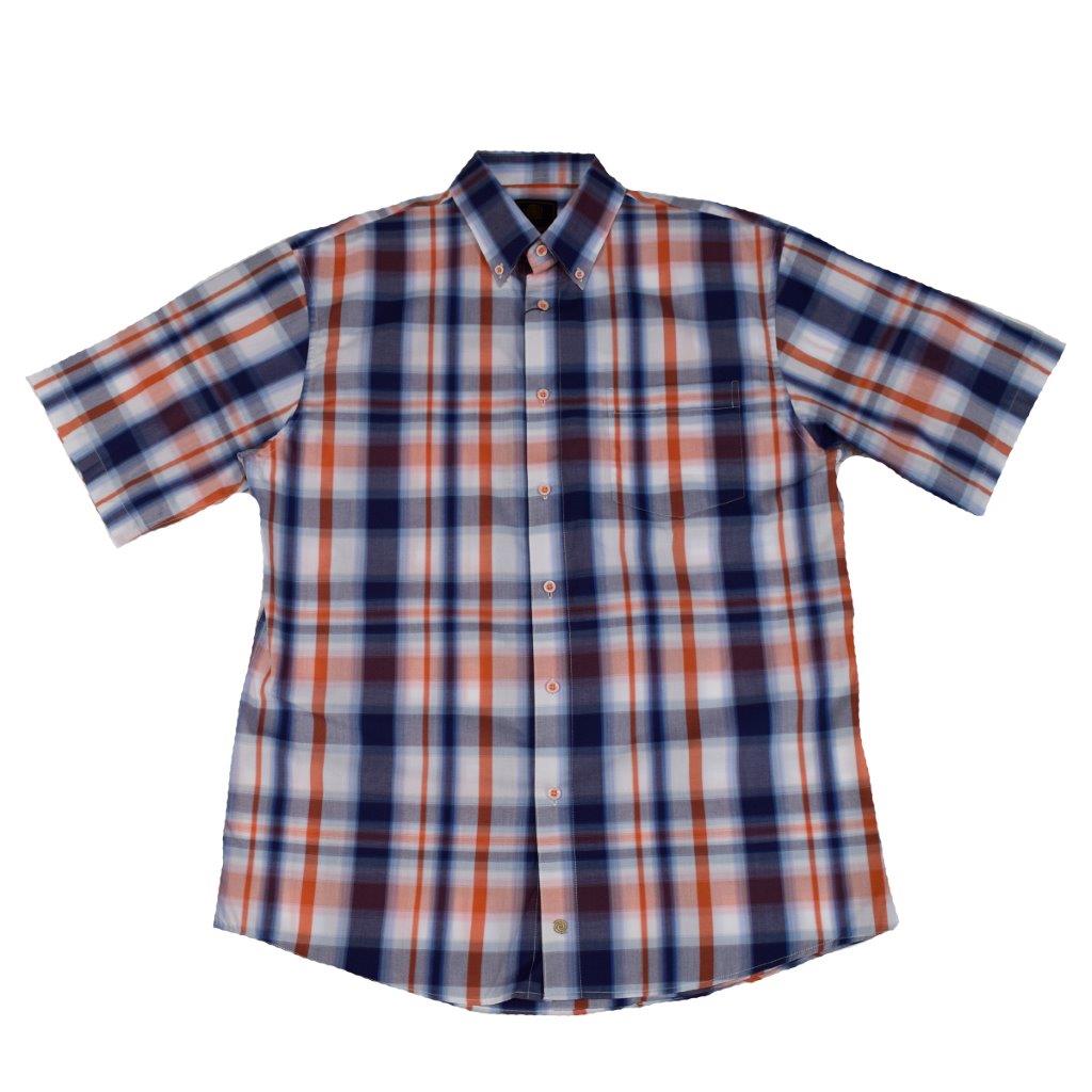 FX Fusion Short Sleeve White/Coral/Navy Plaid Sport Shirt