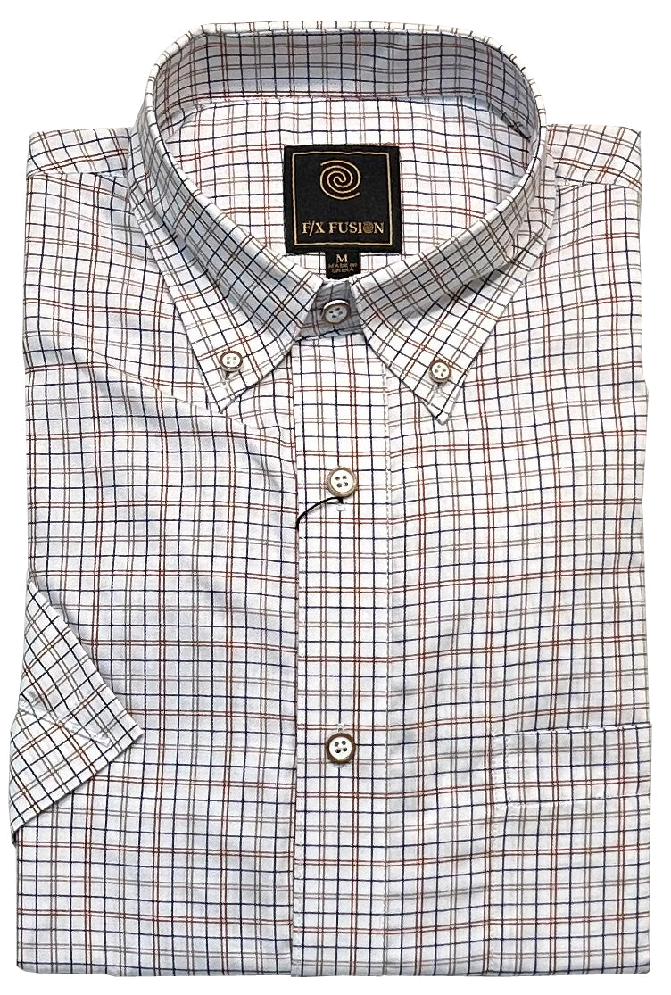 FX Fusion Short Sleeve White/Tan/Navy Multi Grid Sport Shirt
