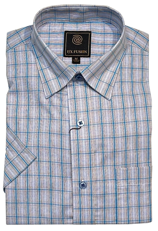 FX Fusion Short Sleeve Aqua/Tan Ombre Check Sport Shirt