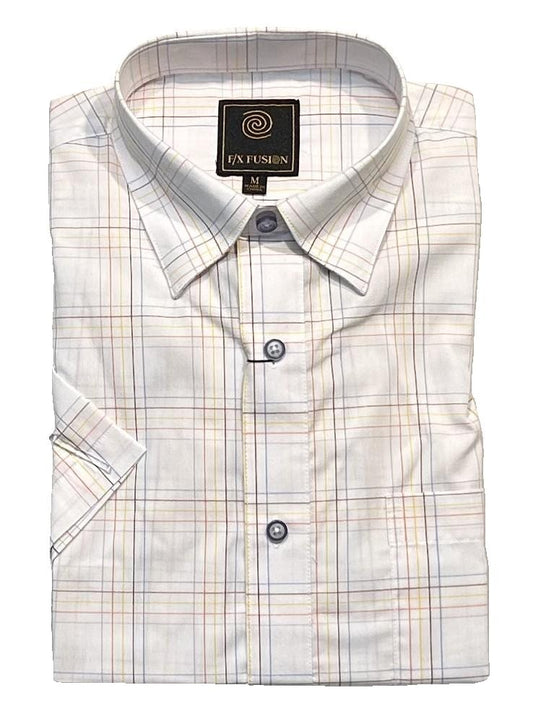 FX Fusion Short Sleeve White Multi Fine Line Check Sport Shirt