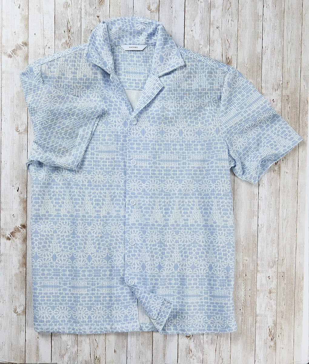 Nicoby Textured Big Print Camp Collar Short Sleeve Shirt