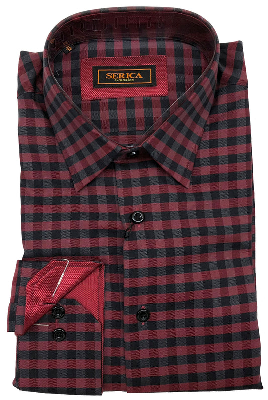 Serica Maroon Grid Spread Collar Long Sleeve Sport Shirt