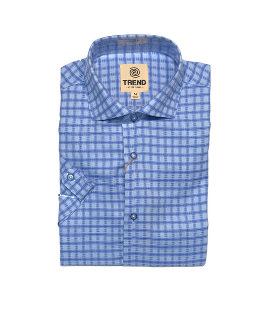 Trend by Fusion Short Sleeve Light Blue Grid Check Sport Shirt